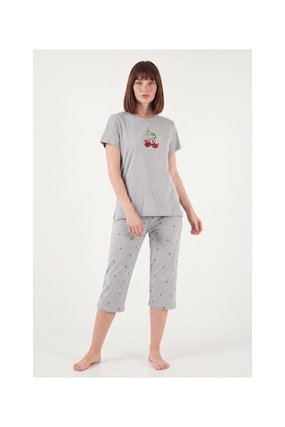 Lela Desenli Pamuklu Bisiklet Yaka Kaprili Pijama Takımı Bayan Pijama Takımı 65790787 Gri