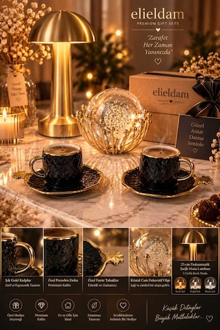 Doğum Günü, Özel Gün, Yeni İş, Yeni Ev Hediyesi Gold Kulplu İkili Porselen Fincan, Kristal Obje Ve Masa Lambası Seti