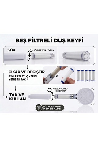 5 Fonksiyonlu Arıtmalı Duş Başlığı Seti - 5 Adet Yedek Filtre Kartuşlu Kireç Ve Tortu Önleyici Spa Duş Seti Beyaz - Gümüş