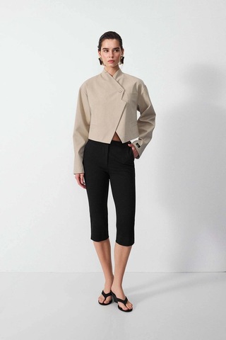 Vatkalı Diagonal Crop Blazer Ceket-20435 Bej