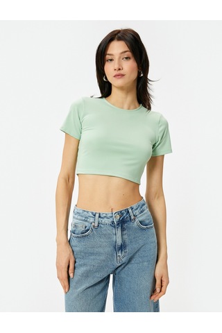 Koton Crop Tişört Bisiklet Yaka Kısa Kollu Slim Fit Yeşil 4sak50404ek Yeşil