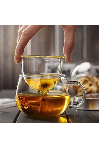Neevoyu Çay Demleme Fincanı, 300 Ml, Cam, Çıkarılabilir Filtre, Kapağıyla, Ev Ve Ofis Kullanıma Uygun Şeffaf