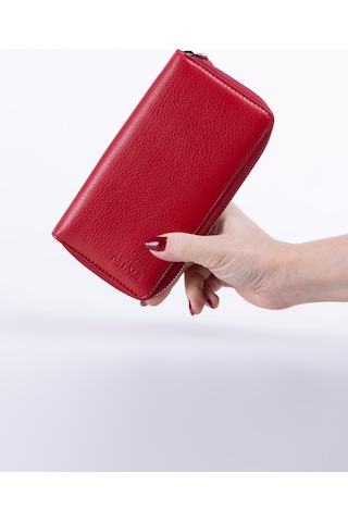 Lysande Hakiki Deri Unisex Telefon Bölmeli Cüzdan 15 Kartlıklı Cüzdan Kartlık Kırmızı