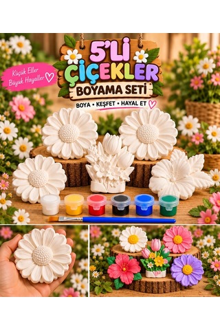 5'li Çiçek Boyama Seti Taş Figür Boyama Kiti 6 Renk Boya Fırça Boyama Rehberi Hobi Seti