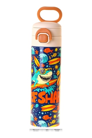 Kaukko Kids 520 Ml Süpar Köpekbalığı Baskılı Yeşil - Lacivert Erkek Çocuk Çelik Termos Matara Çift İçim Kilitli Kapak - L5357