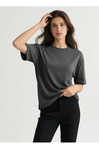 Enva Store Kadın Oversize Fit Yuvarlak Yaka Modal Basic T-shirt Tişört Antrasit