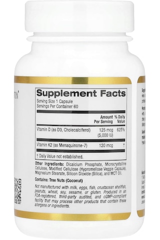 California Gold Nutrition Vitamin D3 + K2, 5000 Iu 60 Veggie Caps