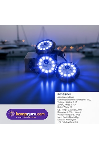 Poseidon Yeni 12 Ledli Mavi 12 Volt - 24 Volt, 40 Watt Led Su Altı Aydınlatma