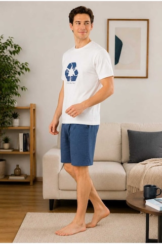 Tenra Erkek Kısa Kollu Şortlu Baskılı %100 Pamuk Pijama Takımı Ev Giyim Beyaz