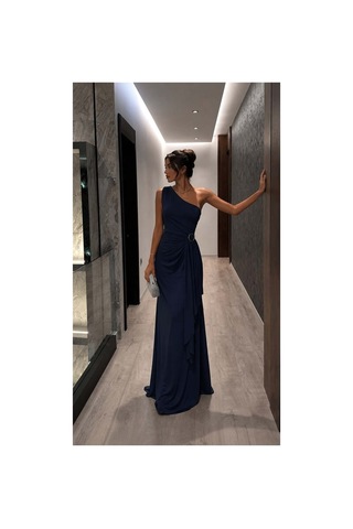 Lior Design Kadın Sade Tek Omuz Kemerli Maxi Abiye Elbise Lacivert