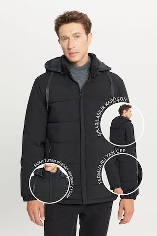 AC&Co / Altınyıldız Classics Erkek Sıyah Standart Fit Normal Kesim Dik Yaka Kapüşonlu Yan Cepli Casual Mont Siyah