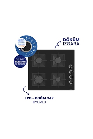 Flowart Digital QBL63CS+SC205-FA+D080-SA Siyah Kaymaz Döküm Izgaralı Cam Ankastre Set