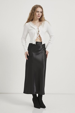 Kadın Beli Lastikli Likralı Midi Boy Parlak Saten Etek Siyah