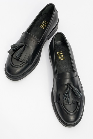 Luvishoes Luvi Shoes Milina Siyah Cilt Püsküllü Hakiki Deri Kadın Loafer Ayakkabı Siyah