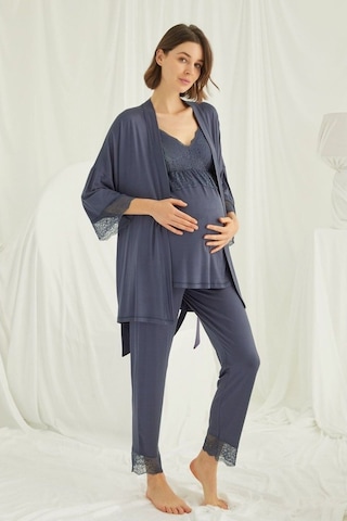 Burdagel Monamise Kadın Lacivert Hamile Lohusa Sabahlıklı Pijama Takım 184