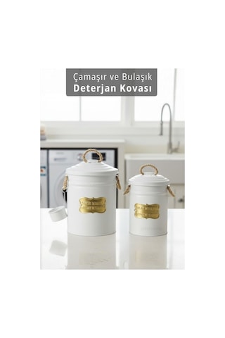 2'li Set Deterjan Kovası Çamaşır Bulaşık Kutusu Ölçekli Galvaniz Metal Beyaz Beyaz