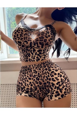 Calixie Closet Leopar Desenli Dantel İşlemeli İnce Askılı Şortlu Pijama Takımı Çok Renkli