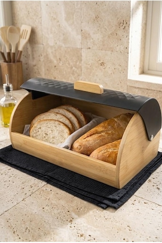 Bambu Gövdeli Siyah Pane Ekmek Dolabı 38x25x18.5 Cm - Mekanizmalı Metal Kapaklı Ekmeklik
