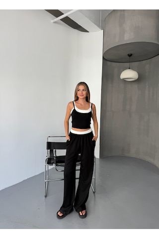 Kadın Çift Kat Detaylı Modal Dokulu Alt Üst Takım Siyah