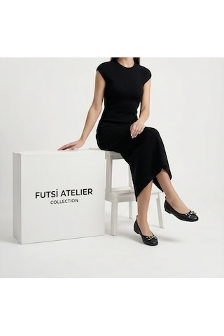 Futsishoes Mıstral Siyah Hakiki Deri Taş Aksesuar Detaylı Kadın Babet Ayakkabı