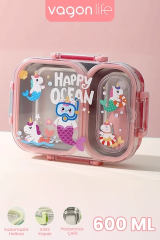 600 Ml Sızdırmaz İki Bölme Paslanmaz Çelik Lunch Box Yeni Nesil Sefer Tası Çatallı Kaşık Ff7163 Pembe