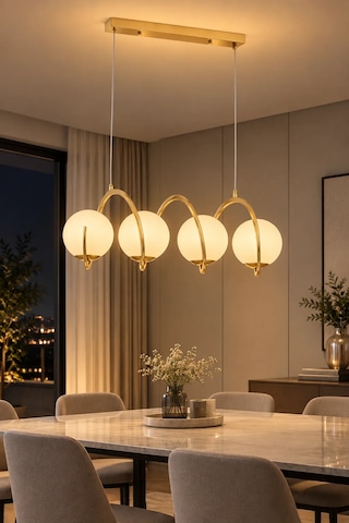 Modern Premium Gold 4'lü Sarkıt Avizesi Ampül Hediyeli Küreli Lüks Salon Mutfak Modelleri E14 Duy