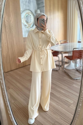 Gold Düğme Detaylı Fitilli Takım - Bej Bej