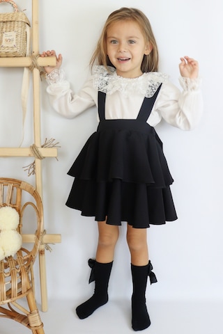 Kız Çocuk Helen Askılı Kat Kat Bağlama Jile Elbise Dantel Detay Uzun Kollu Bluz Takım Siyah