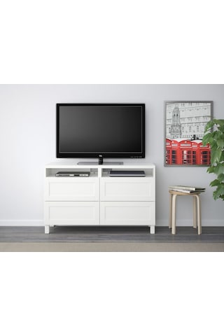 Tv Sehpası, Beyaz, 120x40x74 Cm, Hanvıken, Fren Raylı Beyaz