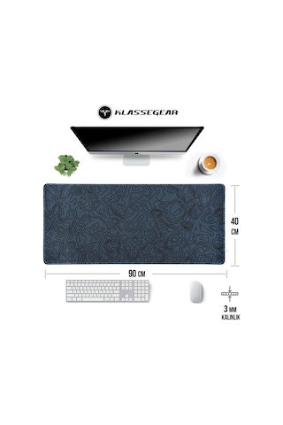 Klasse Pro - 10 Farklı Model Dikişli Kenar 90x40 Cm Oyuncu Gaming Mouse Pad Dark Grey Map Lines, 90x40 Cm