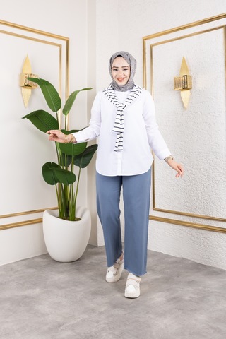 Nevayla Moda Beli Lastikli Keten Pantolon - Mavi / A0104 Mavi