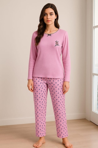 Kadın 06025 Uzun Kol Raporlu İnterlok Pijama Takımı Lila LILA