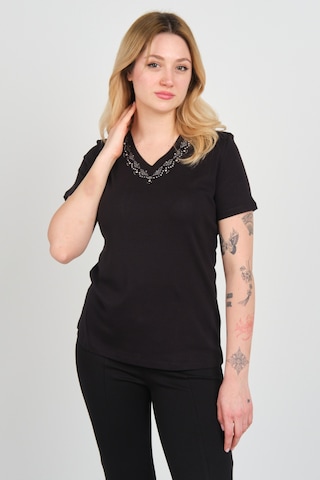Ella Camelia Kadın Yakası Taş Ve Süs İşlemeli Kısa Kollu Pamuklu Bluz 24e002 Siyah Siyah