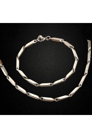 Çelik Takı Seti Bileklik Kolye Titanyum Melon Düz Model 3 Mm Kalınlık 22-55 Cm Uzunluk Gümüş Silver Gümüş