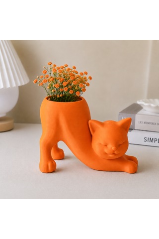 Kedi Figürlü Mini Saksı Dekoratif Saksı Turuncu Kedi Figürlü Mini Saksı Dekoratif Saksı Turuncu