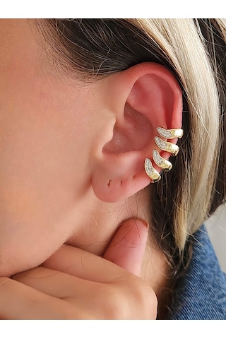 Eva Takı Store Dalga Model Zirkon Taşlı Deliksiz Kıkırdak Küpe Altın