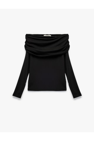 Koton Slim Fit Uzun Kollu Drapeli Omzu Açık Tişört Siyah 6wak80032ek SIYAH
