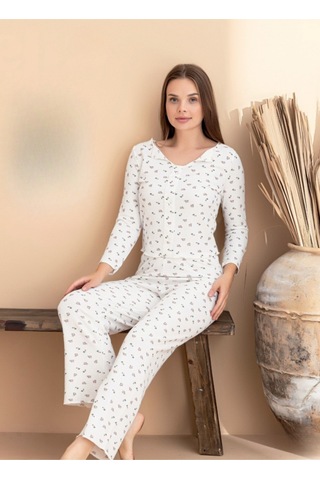 Kadın Kurdele Detaylı Kiraz Desenli U Yaka Likralı Pijama Takım Beyaz