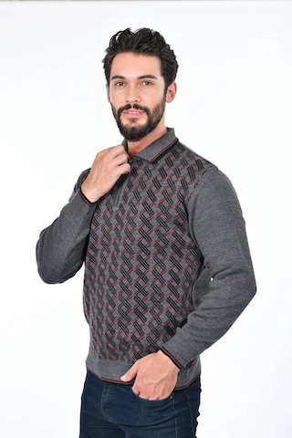 Kamalı Erkek Çelik Örgü Gömlek Yaka Fermuarlı Polo Yakalı Çizgili Desen Tüylenmeyen Triko Kışlık Baba Kazak Gri