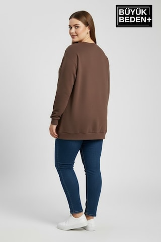 Süperlife Kadın Büyük Beden New York Baskılı Bisilet Yaka İnce Sweatshirt Spr26bswk956-5 Kahverengi