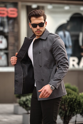 Mero Life Erkek Gri Mevsimlik Astarlı Kemerli Kruvaze Trençkot Gri