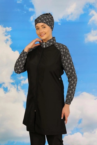 Najmaddin.com Beru Kadın Pantolonlu Desenli Tam Tesettür Mayo Siyah