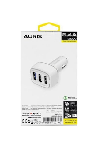 Auris 5.4A 3 Usb Girişli Oto Çakmaklık Araç Hızlı Şarj Cihazı Beyaz