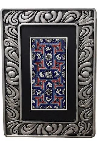 Çerçevesi Kabartmalı Çini Tablo Hediyelik Duvar Dekoru Gümüş