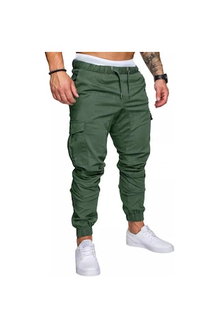 Erkek İlkbahar Ve Sonbahar Uzun Pantolon Moda Günlük İpli Elastik Pantolon Düz Renk Cepli Pantolon Yeşil