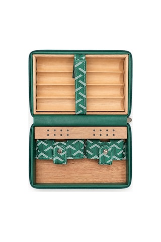 Cohiba Yeşil Goyard Desenli Deri Puro Taşıma Çantası & Seyahat Humidoru Tr10002