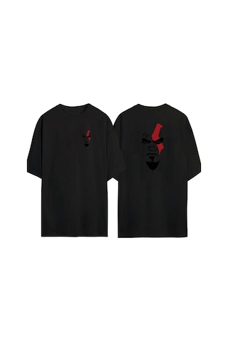 Thewert Unisex God Of War Savaş Tanrısı Ön Arka Baskılı Sıyah Oversize T-shirt Siyah