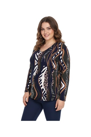 Linsolita Kadın V Yaka Modelli Baskılı Bluz Bgl-st05107 Lacıvert