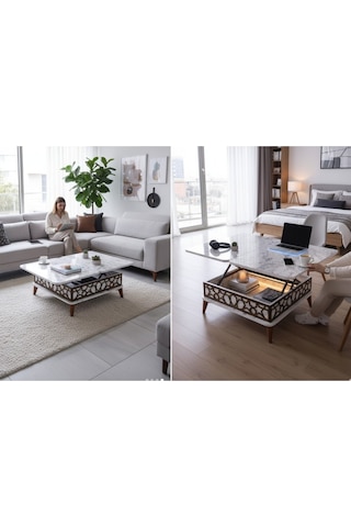 Msy Home Paris Akıllı Sehpa Sihirli Sehpa 3 Kademeli Orta Sehpa Açılabilir Sehpa Yemek Masası Beyaz Mermer