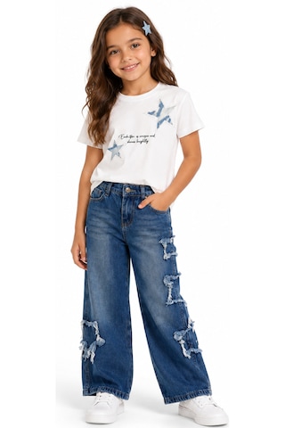 Irem Kız Çocuk Tişörtü Yıldız Detaylı Yazı Desenli Taşlı Kısa Model Crop Pantolonu Yıldız Detaylı Şık İkili Takım Mavi